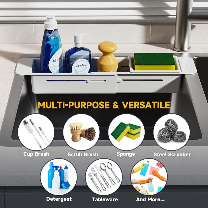 NiHome Extendable Kitchen Sink Caddy, Small Brush Sponge Storage Holder | Expandable Kitchen In Sink Organizer for Brush & Sponge with Drainage, Adjustable Length, Non-Slip Pads, Durable ABS (Gray)