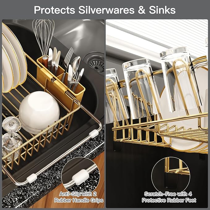 Gold Dish Drying Rack Over The Sink with Utensil Holder, Mat | Expandable Stainless Steel Dish Drainer for Small Kitchen, Apartment, RV, Counter Space Saving, Perfect Fit, Rustproof