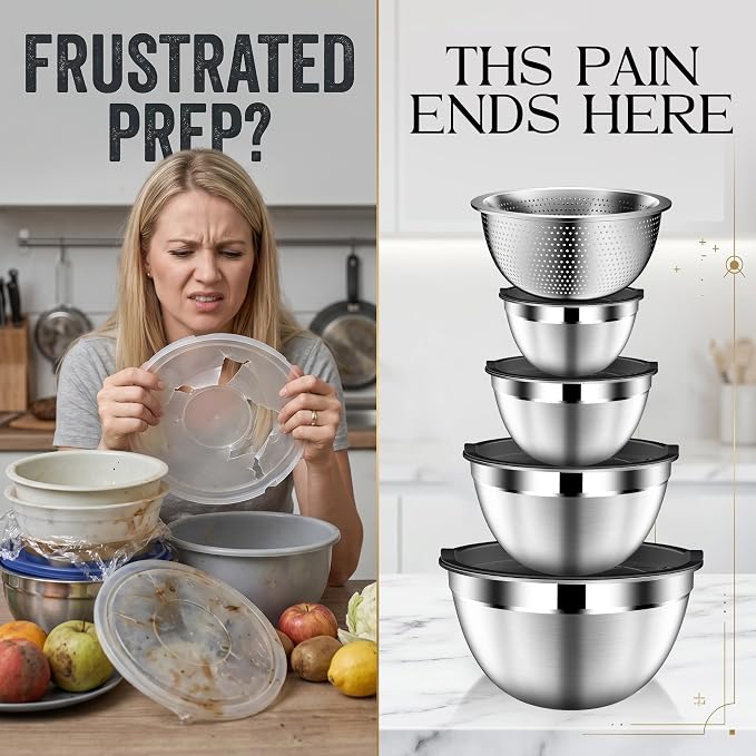 DUTZUN Mixing Bowls with Lids Set, Stainless Steel Mixing Bowls with Colander, Strainer with Mixing Bowl Set, Serving Bowl Kitchen Gift, Size 4.5, 2.5, 2, 1.5QT - Black
