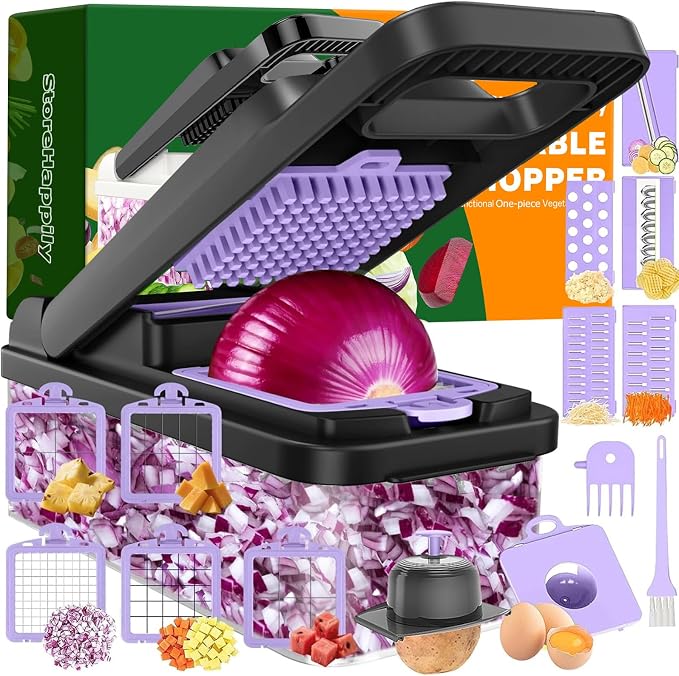 15-in-1 Vegetable Chopper 10 Blades, Veggie Cutter with Handle, Black/Purple | Stainless Steel Blades, Food Container and Lid, Dicer, Slicer, Julienne, Egg Separator, Non-slip Base, Include Cleaning Tools