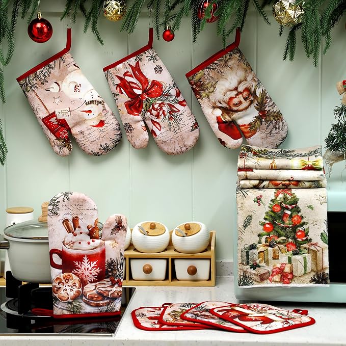 SiliFine 12 Pcs Christmas Kitchen Accessories Set Retro Snowman Pot Holders Vintage Santa Oven Mitts Xmas Tree Kitchen Towels for Farmhouse Christmas Home Decorations, Cooking Baking Holiday Gifts