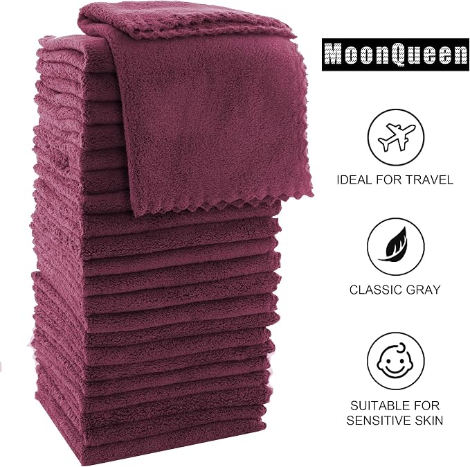 MOONQUEEN Ultra Soft Premium Washcloths Set - 12 x 12 inches - 24 Pack - Quick Drying - Highly Absorbent Coral Velvet Bathroom Wash Clothes - Use as Bath, Spa, Facial, Fingertip Towel (Burgundy)