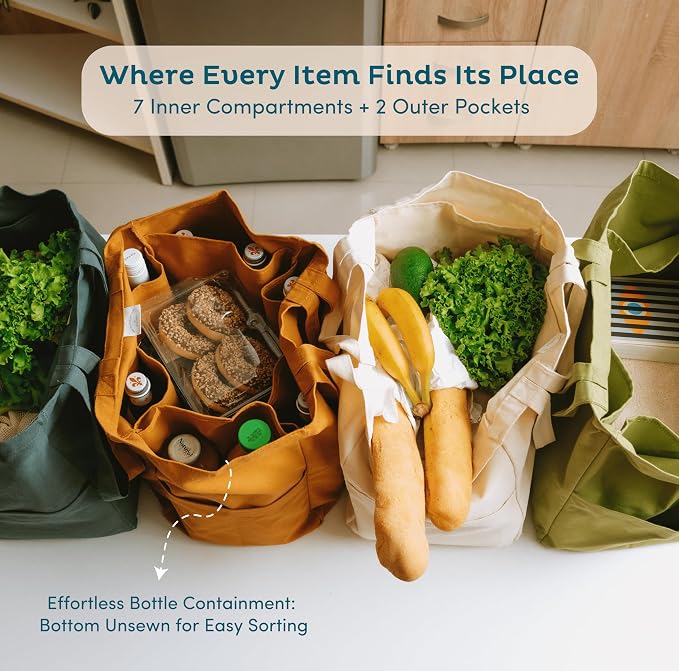 Nook Theory 3-Pack Reusable Grocery Bags - Heavy Duty, Large 12 Oz Cotton Canvas Reusable Shopping Bags With Pockets, 100% Cotton Cloth Grocery Totes, Foldable Multi Compartment (Army Green)