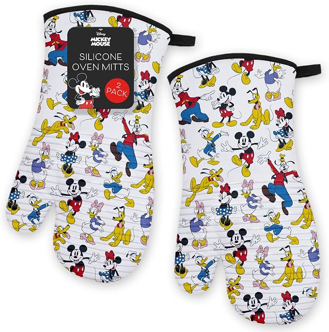 Disney Mickey Silicone Oven Mitts, Set of 2 7"x13.5", Heat Resistant 450F | Cotton exterior with grip stripes front and back, extended cuffs shield forearms, ambidextrous, hand wash only