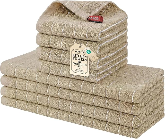 Homaxy Kitchen Towels and Dishcloths Set, Set of 8, Tan | Bulk Cotton Terry Kitchen Towels, Checkered Designed, Soft and Super Absorbent Dish Towels, 12 x 12 and 13 x 28 Inches