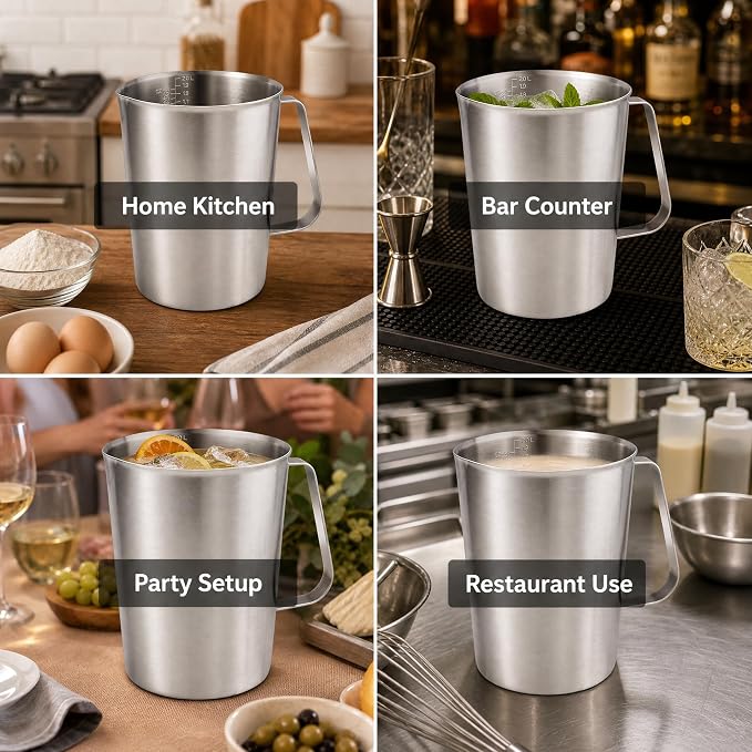 64Oz/8Cup Stainless Steel Pitcher (SUS304), 2 Liter Metal Container for Water, Milk, Liquid with Handle with Engraved Markings, Silver