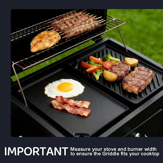 EWFEN Reversible Grill/Griddle, 16.7x9.5'' Pre-Seasoned Cast Iron Griddle Pan, Double Burner Cookware, Rectangular Stovetop Griddle with Handles, Flat Top Plate for Oven, Grill & Campfire