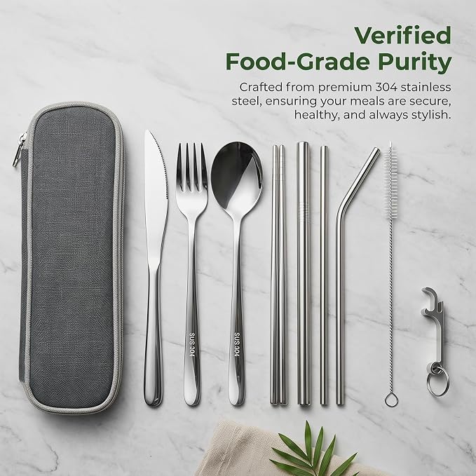 9 Pcs Portable Utensils Set Metal Straws Travel Cutlery Case Fork Spoon | Stainless Steel Utensils with Metal Straws & Cleaning Brush, Bottle Opener and Chopsticks, for Lunch Box Office & Travel