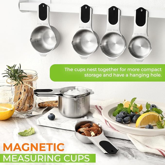Spring Chef Magnetic Stainless Steel Measuring Cups Set of 7 Patented Black | Metal Measuring Cups for Measuring Dry or Liquid Ingredients, Easy to Read Markings, Dishwasher Safe Nesting Magnetic Cups