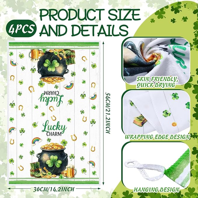 SiliFine 12 Pcs St. Patrick's Day Kitchen Towels Pot Holders and Oven Mitts Set 4 Green Clover Dish Towels 4 Shamrock Leprechaun Coins Oven Mitts 4 Gnomes Potholders for Xmas Dish Baking Decorative