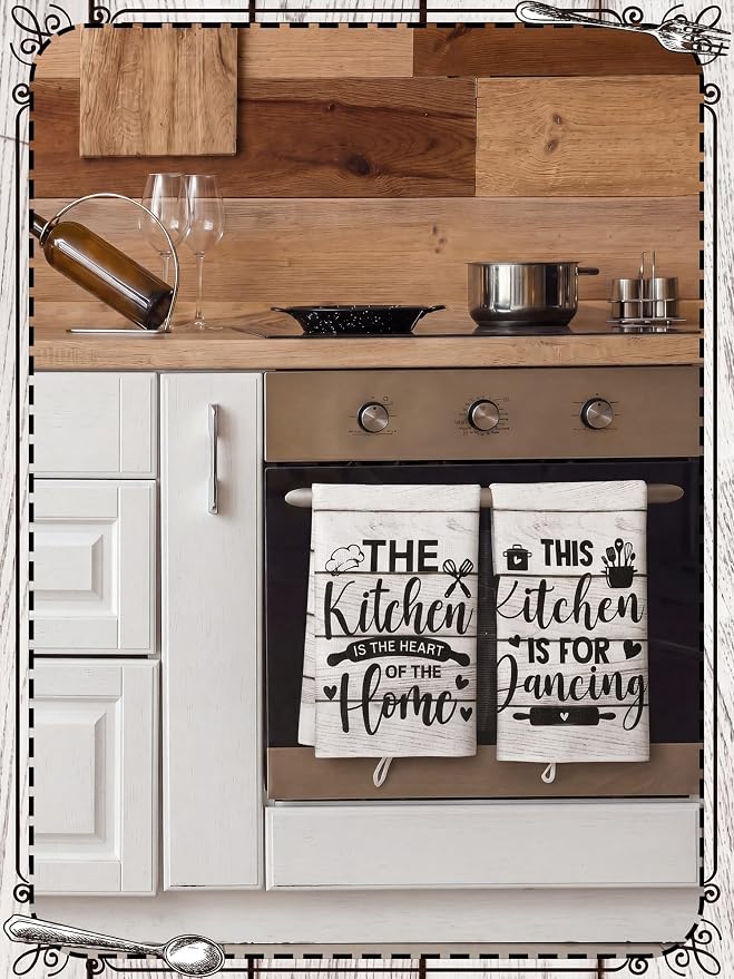 4 Pcs Wood Grain Kitchen Towels Happiness Dish Towels Gifts | Absorbent Hand Tea Dishcloths with Hanging Loop Heart of the Home Quote for Home Housewarming Gift Funny Kitchen Decor