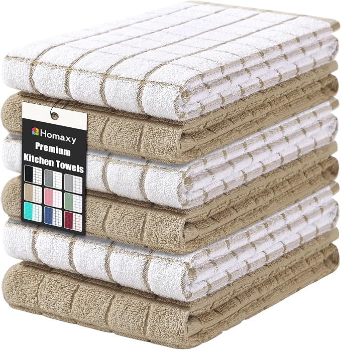 Homaxy Large Premium Cotton Kitchen Towels 16"x 28", 6 Pack, Tan | Natural Ring Spun 390 GSM Dish Towels, Super Absorbent Terry Kitchen Hand Towels, Soft Tea Towels with Hanging Loop