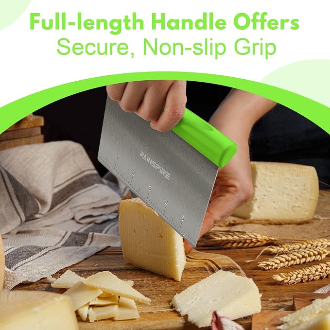 Upgraded 304 Stainless Steel Multi-Purpose Bench Scraper with Measurement Marks, Dishwasher Safe, Dough Cutter for Pizza, Bread and Cookie Dough Vegetable Chopper, Baking Supplies, Green