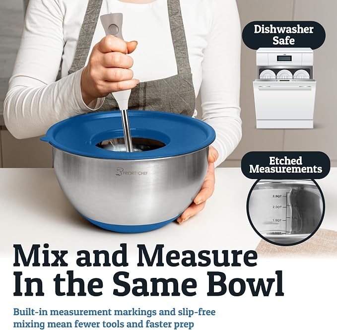 Stainless Steel Mixing Bowls with Lids Set, Metal Nesting Bowls with Airtight Lids, Graters, Non-Slip Base & Measurement Marks, Includes Utensil Set for Prep, Baking & Storage, Blue