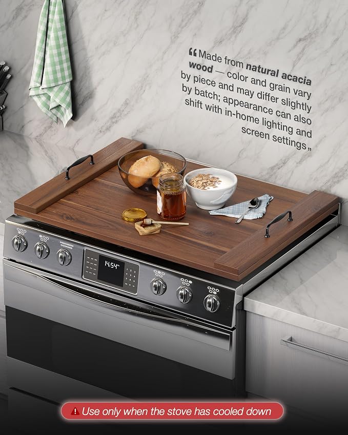 Bluewest Gas Stove Burner Covers, Wooden Noodle Board with Handle, Walnut | Extra-thick wooden RV stovetop and sink cover doubles as a tray, creating extra kitchen counter space for prep and serving.