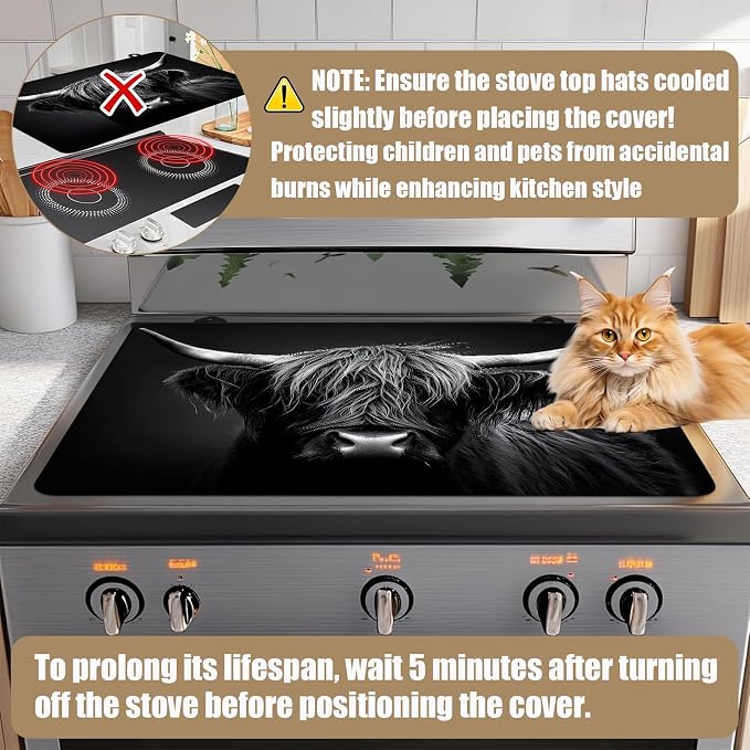 Black Highland Cow Stove Top Covers for Electric Stove, Electric Gas Stove Pad Heat Resistant Range Cooktop Protector for Home Decor Kitchen 28"x20"