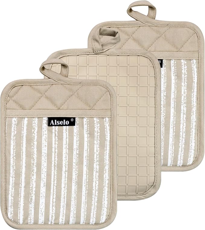 Alselo Silicone Pot Holders Set of 3 Heat Resistant & Non Slip Potholders | Professional Oven Hot Pads with Pockets Mitts for Kitchen Cooking Baking Barbecue (Khaki, 3)