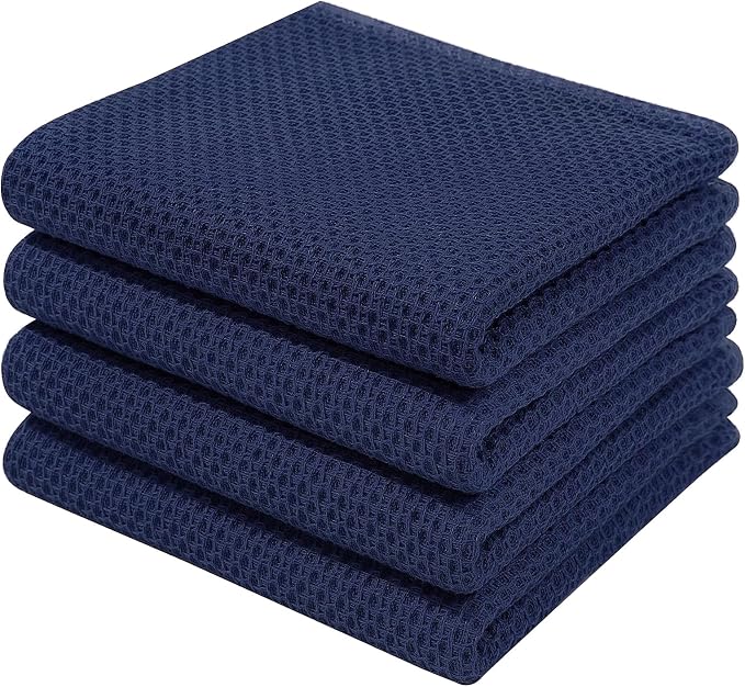Homaxy 100% Cotton Waffle Weave Kitchen Dish Towels 4-Pack, Dark Navy | 13 x 28 Inches, Ultra Soft Absorbent Dish Towels, Quick Drying Cleaning Towels