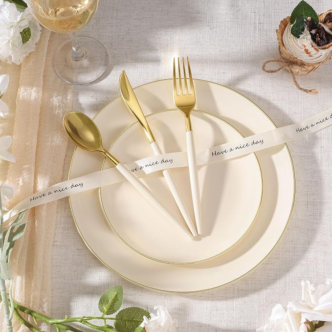 350 PCS lvory Plastic Dinnerware Set, lvory and Gold Rim Disposable Plates for 50 Guests, Include 100 lvory Plates with 150 Plastic Cutlery, 50 Napkins and 50 Cups
