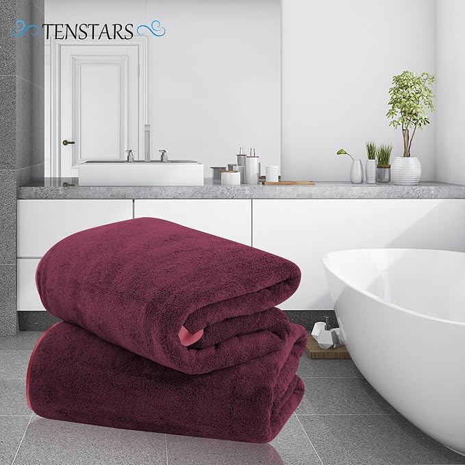 TENSTARS Silk Hemming Bath Towels for Bathroom Clearance - 27 x 55 inches - Light Thin Quick Drying - Soft Microfiber Absorbent Towel for Bath Fitness, Sports, Yoga, Travel, Gym - 2 Pack, Burgundy