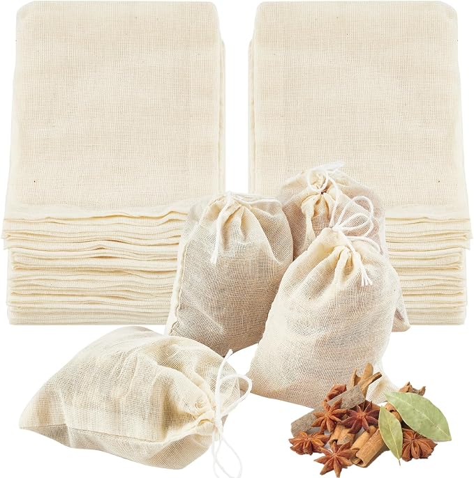 TUZAZO 50 Pcs Muslin Bags with Drawstring 4 x 6 inch, Reusable Tea Bags for Loose Leaf Tea, Natural Cotton Unbleached Cheesecloth Small Spice Bag for Cooking Soup Herb Sachet Bag Empty