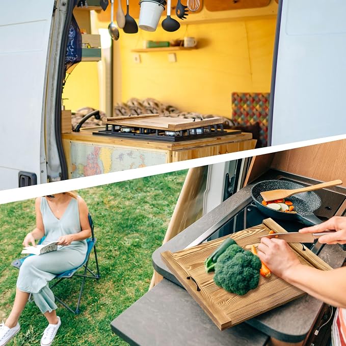 Rv Stove Top Cover Board Wood Noodle Board Camper Stove Top Cover Countertop Cutting with 5 Pcs Adjustable Non-Slip Rubber Feet Leg Juice Groove for Trailer Gas Burner Kitchen(Light Brown)