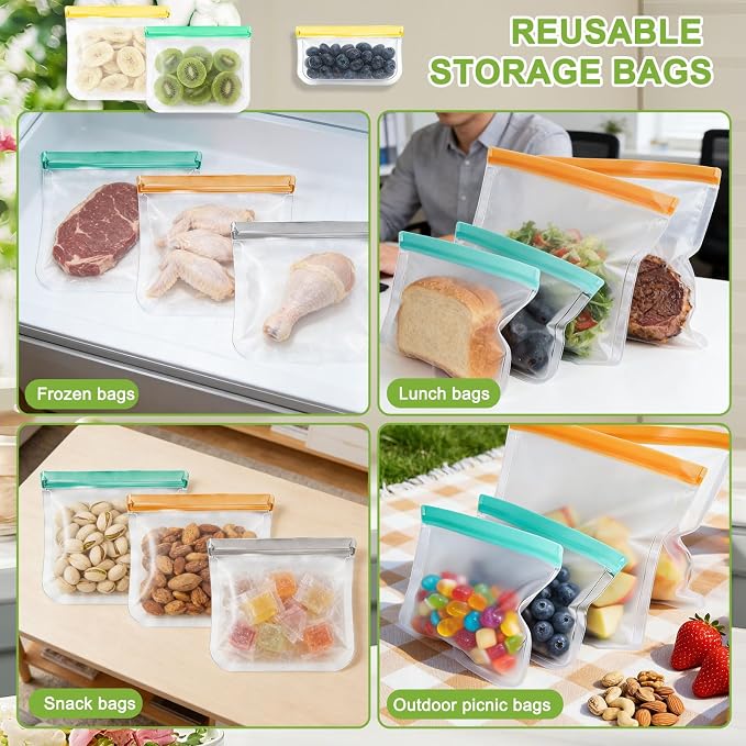 12 Pack Silicone Bags for Food Storage,Freezer & Dishwasher Safe,Leakproof Food Storage Bags,Reusable Freezer Ziploc Bags,Sandwich Snack Baggies-4 Gallon 4 Snack 4 Sandwich Bags,3 Colors