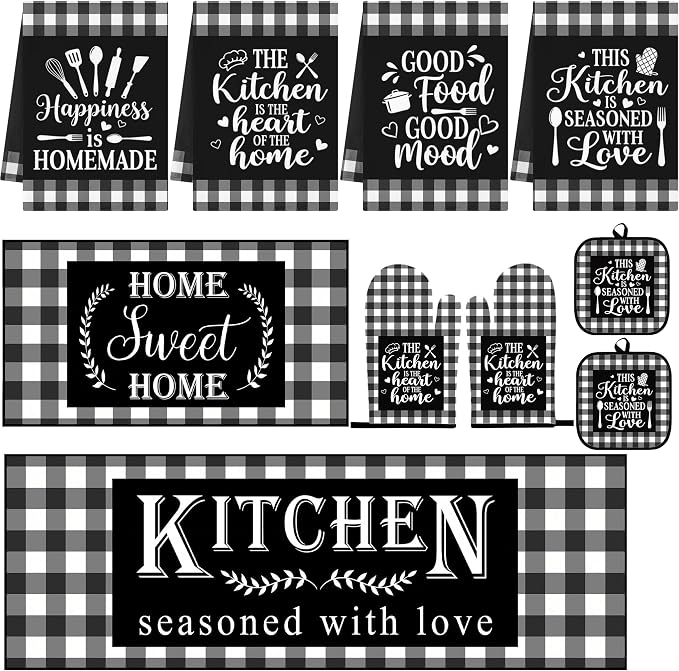 10 Pcs Kitchen Decor and Accessories Set, Plaid Checkered Buffalo | Black 4 Dish Towels Kitchen Rugs 2 Oven Mitts 2 Pot Holders, Home Decor for Cooking Baking BBQ Gifts Women Mom Housewarming