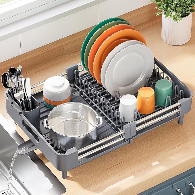 TOOLF Expandable Dish Drying Rack with Cutlery Holder, Standard, Grey | Over or In Sink Stainless Steel Dish Drainers for Compact Kitchen, Space Saving, Fast Drain, Rustproof, For 1-3 people
