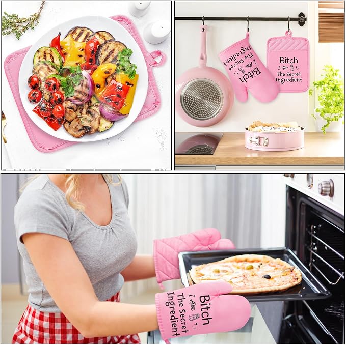 6Pcs Funny Oven Mitts Pot Holders Baking Gift, I Am The Secret Ingredient Resistant Hot Pad Machine Washable Gloves with Hanging Pocket Potholder for Friend Women Gift for Love Kitchen Cooking