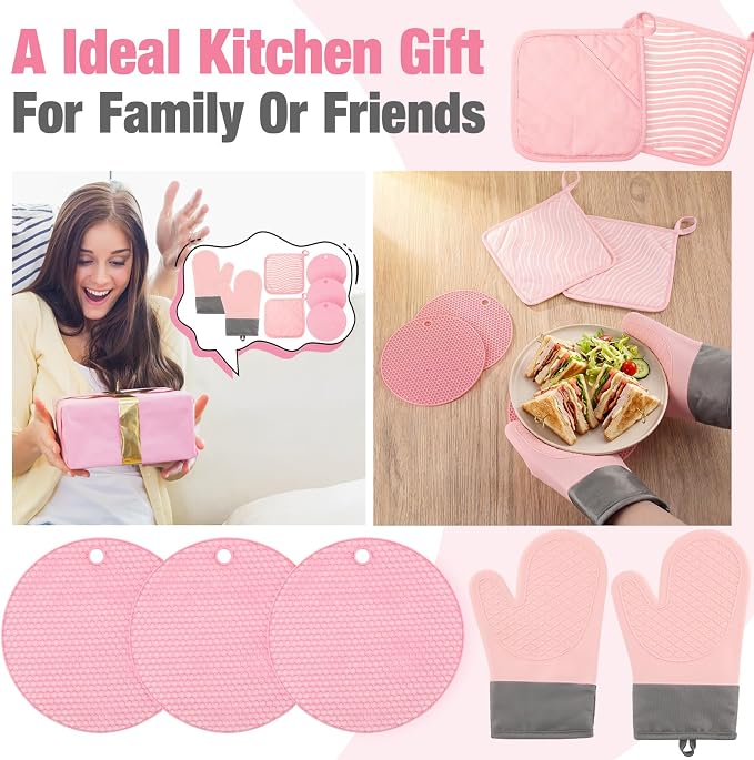 Pink Oven Mitts and Pot Holders 7 Sets, Pink, Rubber Cotton, Stripes | Heat Resistant Kitchen Gloves, Pads Pot Holders for Women, Chritsmas Gifts Kitchen Accessories Gift