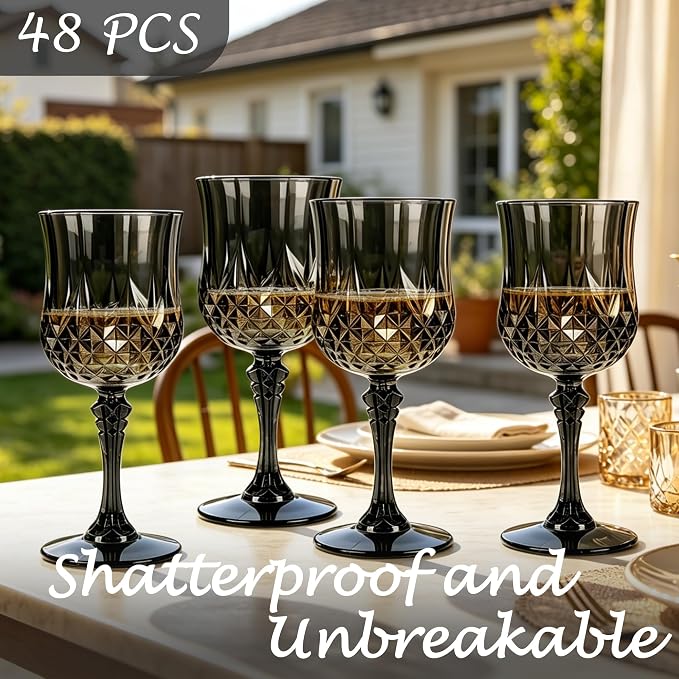 48Pack Plastic Wine Glasses, 7oz Vintage Goblets for Wedding | Unbreakable Crystal Style Reusable Stemware, Elegant Black Drinking Glass for Party Anniversary & Holiday Celebration