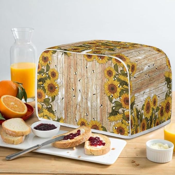 Sunflower Bee Print Toaster Cover For Home Office, Spandex Quilted Toaster Cover 4 Slice Wide Slot Breadmaker Covers Stain And Fingerprint Protection, Yellow