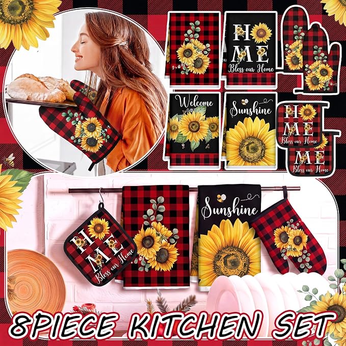 Leinuosen 8 Pcs Sunflower Red Black Checkered Kitchen Towels and Dishcloths Sets Pot Holders and Oven Mitts Sets Absorbent Kitchen Gloves Potholders Heat Resistant for Chef Baking Cooking