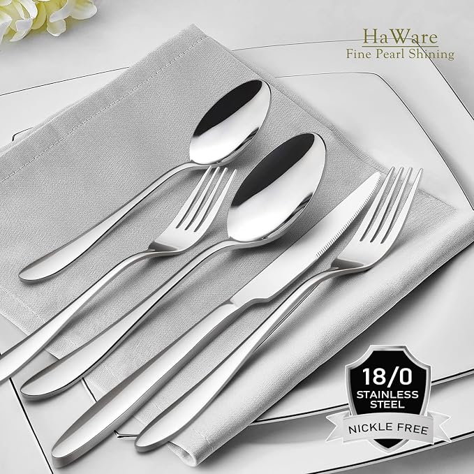 HaWare 60-Piece Silverware Set for 12, Stainless Steel Flatware | Food Grade Cutlery Tableware for Home, Modern Ergonomic Eating Utesils, Mirror Polished, Dishwasher Safe