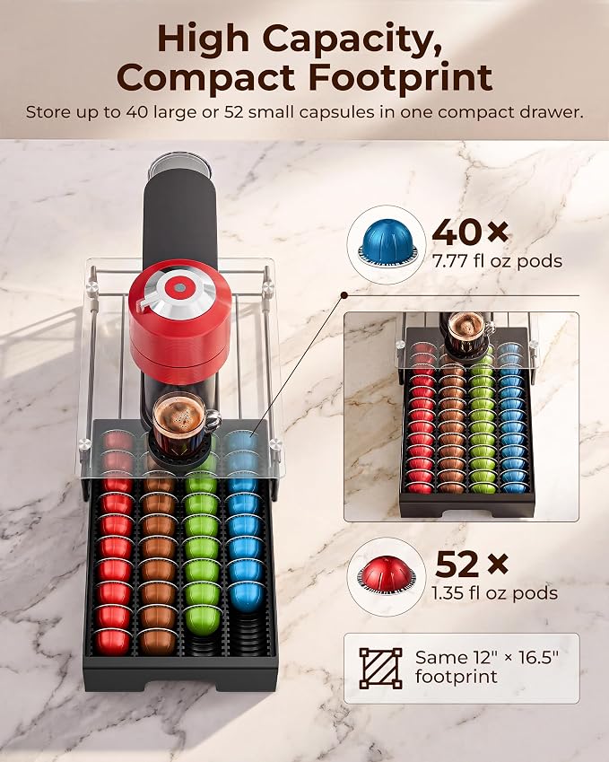 EVERIE Nespresso Vertuo Pod Holder Drawer, Coffee Pod Organizer with Universal Slots, Holds 40 Large or 52 Small Capsules, Tempered Glass Top Storage Drawer for Coffee Makers, 12" x 16.5" x 3.5"