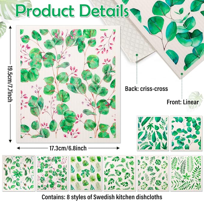 Lucomb Sedish Dishcloth (8 Pack-Green Plants)