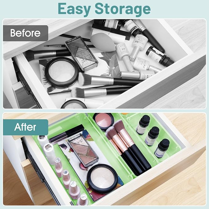 25 PCS Plastic Drawer Organizer Set, Makeup Organizers and Storage Bins | 4 Sizes Desk Drawer Divider Organizers and Storage Bins for Jewelry, Gadgets for Kitchen, Bedroom, Bathroom, Clear Green
