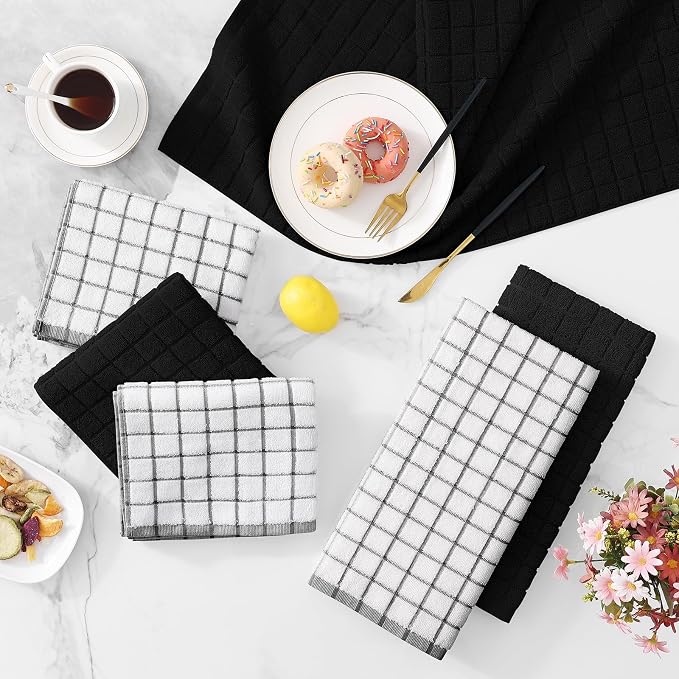 Homaxy Large Premium Cotton Kitchen Towels 16"x 28", 12 Pack, Black | Natural Ring Spun 390 GSM Dish Towels, Super Absorbent Terry Kitchen Hand Towels, Soft Tea Towels with Hanging Loop