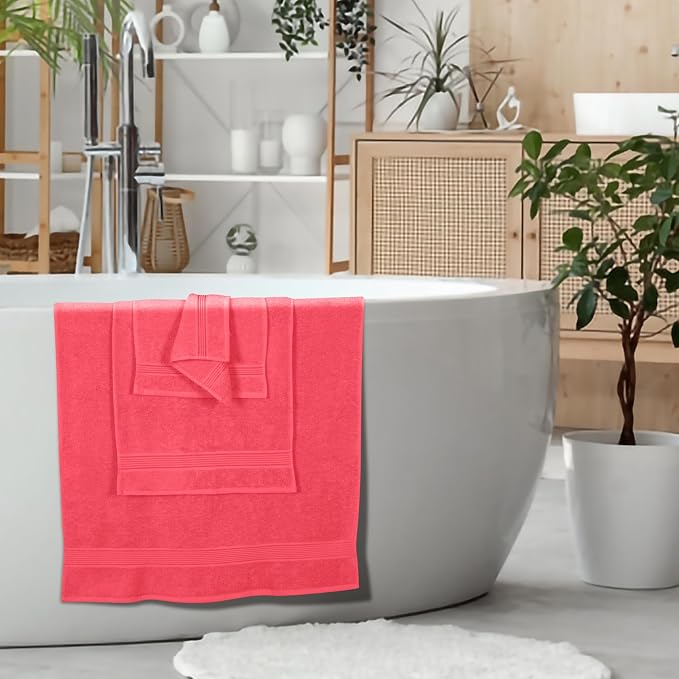 Ultra Soft 6 Pack Cotton Towel Set, Contains 2 Bath Towels 28x55 inch, 2 Hand Towels 16x24 inch & 2 Wash Coths 12x12 inch, Ideal for Everyday use, Compact & Lightweight - Coral Orange