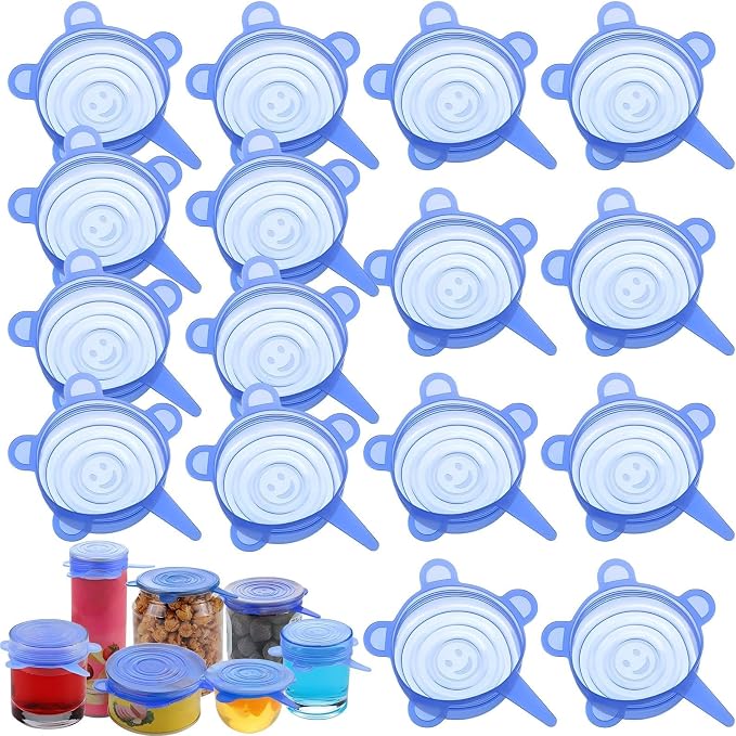 Patelai 16 Pack Silicone Jar Covers Same Size Silicone Jar Cap Stretch Lids Thicker Reusable Container Cover, Expandable Food Storage Covers Dishwasher and Freezer Safe 2.6-3.3 Inch(Blue)