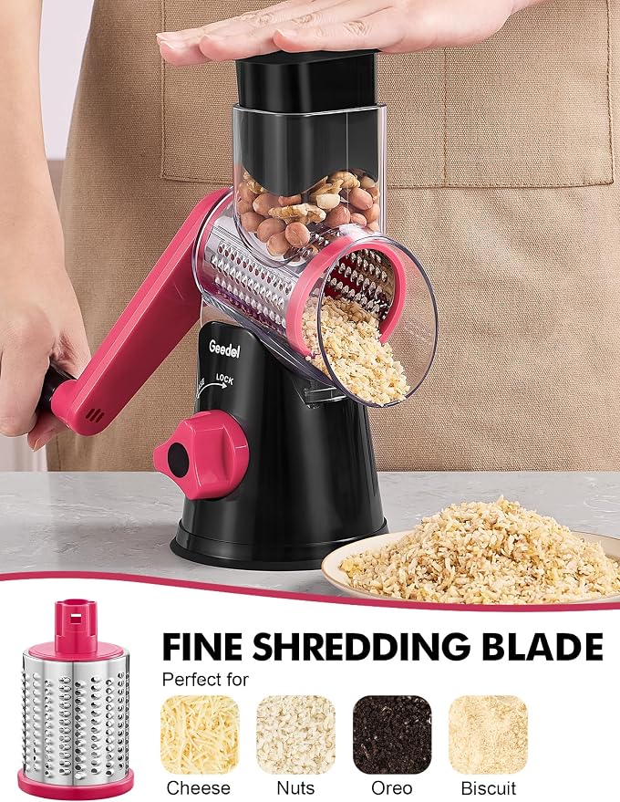 Geedel Rotary Cheese Grater Hand Crank, Cheese Shredder Vegetable Slicer | 3 Blades, 430 Stainless Steel, 12x Fast Cutting, Strong Suction Base, No BPA, Dishwasher Safe, for Cheese, Veggie, Nut