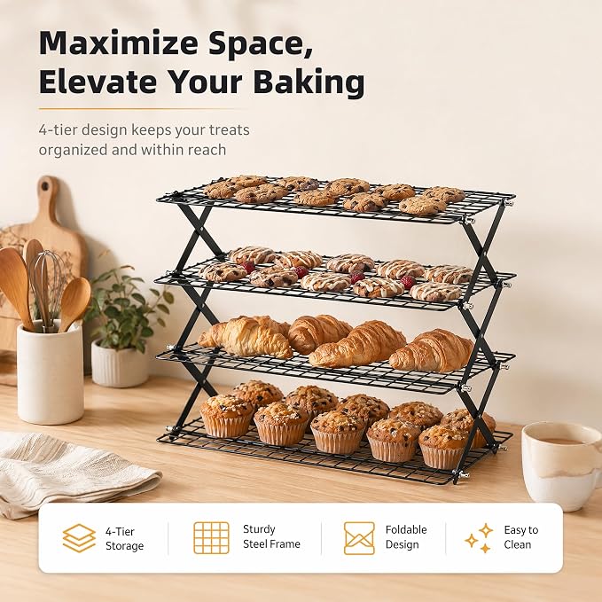 4-Tier Foldable Cooling Rack, Cooling Racks for Cooking and Baking, Baking Rack & Bread Rack for Cookies, Cakes, Breads, Space-Saving Design. (Black, 4-Tier)