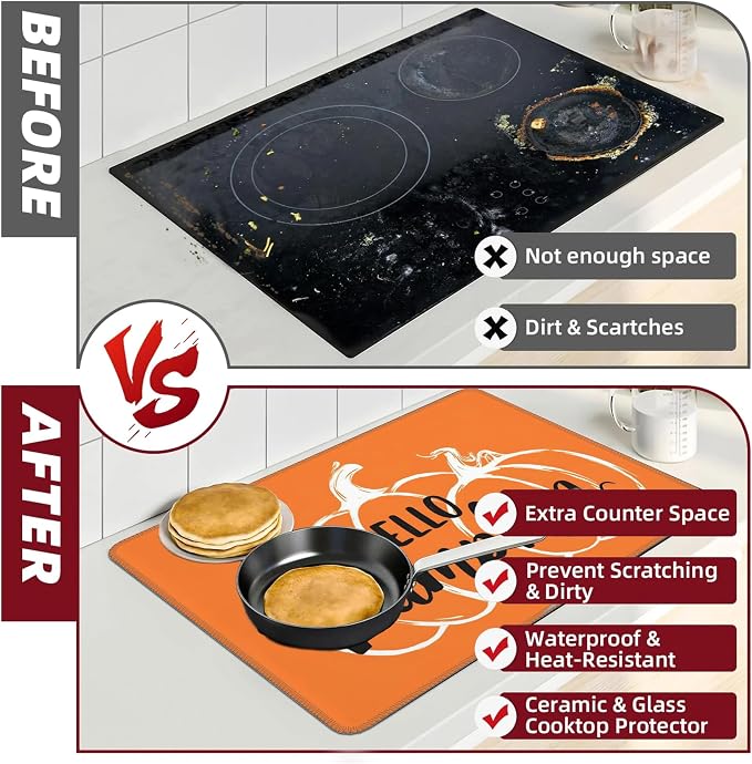Thanksgiving Stove Top Cover for Electric Stove 28" x 20" Hello Pumpkin Glass Flat Heat-Resistant Top Stove Mat Oven Induction Cooktop Mat for Kitchen Ceramic Countertop