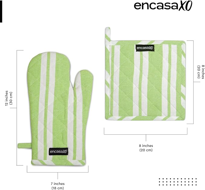 Encasa XO Oven Mitts and Pot Holders Set, Heat Resistant Cotton | Franca Lime Stripes, Diamond Quilted | Non-Slip Grip | Microwave & Oven Safe | Hanging Loop | Machine Washable | Set of 2