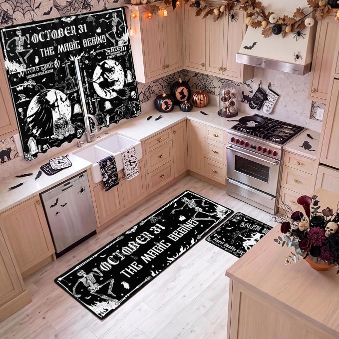 13 Pcs Halloween Kitchen Decor Set 3 Witch Kitchen Curtains Valance 2 Black Rugs and Mats 4 Towels 2 Pot Holders 2 Oven Mitts for Home Decor Cooking Grilling Housewarming Gift
