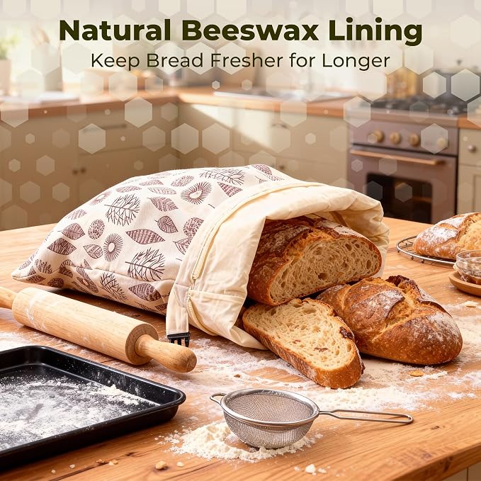 OHIYO Reusable Beeswax Bread Bags for Freezer & Refrigerator, 17"×13" Natural Beeswax-Lined Cotton Storage Bags Airtight Freshness Keeper for Homemade, Bakery Essentials (2 Pack)
