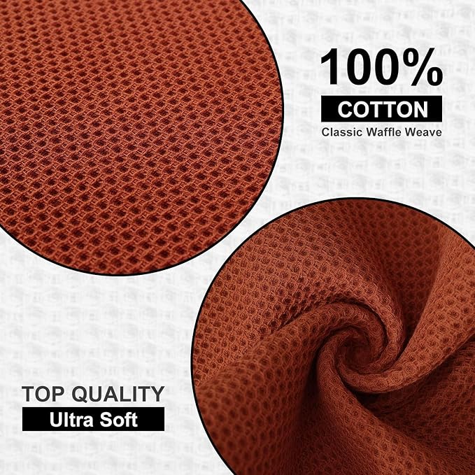 Kitinjoy 100% Cotton Waffle 8-Pack Kitchen Towels, 12" x 12", Rust | Ultra Absorbent, Super Soft, lightweight, Quick Drying Dish Rags for Washing Dishes