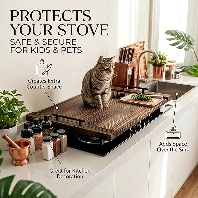 Noodle Board Stove Cover, 30 x 22 Inch Wooden Stove Top Cover with Handles, Pine Wood Stovetop Cover with Cross-Grain Dovetail Design for Extra Counter Space, Brown
