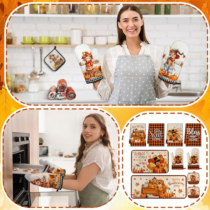 Fanfanwin 10 Pcs Thanksgiving Scarecrow Kitchen Decor Set Kitchen Towels Pot Holders Oven Mitts and Rugs Set Thanksgiving Towels for Baking Cooking BBQ Autumn Home